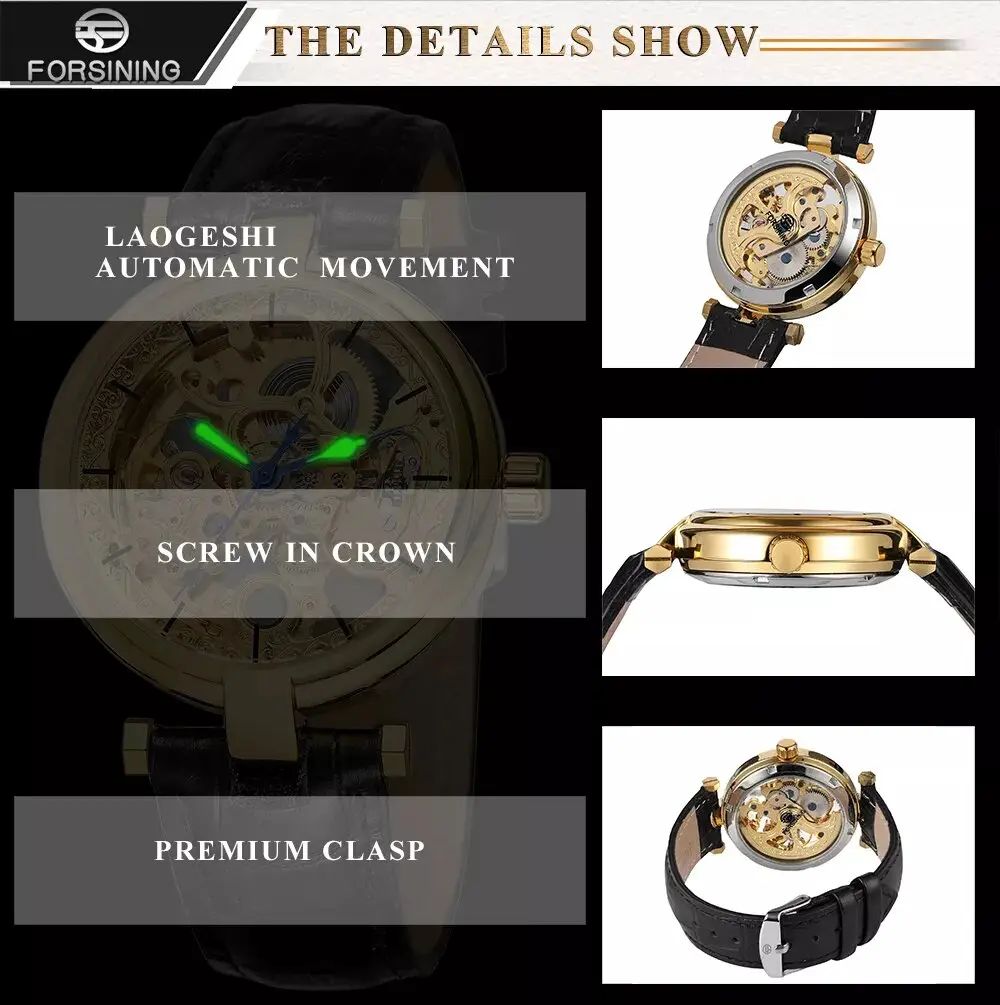 New FORSINING Squelette Mechanique Automatique Gold Cuir Noir - undefined - Thumbnail 6